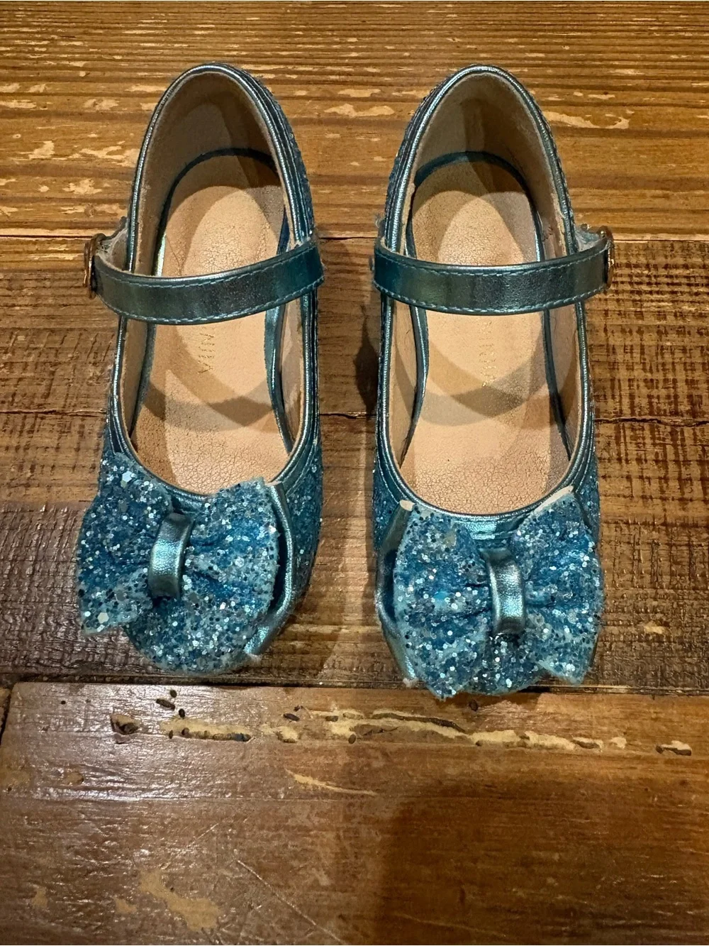 Glitter Bow Mary Jane Dress Shoes for Girls in Teal Blue
